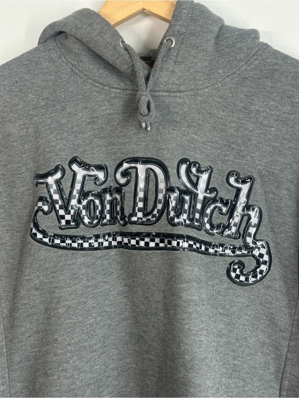 Von Dutch Gray Graphic Hoodie Y2K Checkerboard Logo Fleece Lined, LARGE - Picture 2 of 7